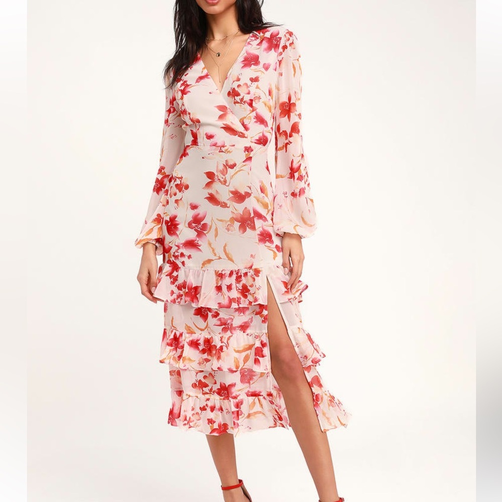 Lulus Sweet Sunday Floral Print Ruffle Lind Sleeve Dress. Size Medium NWT